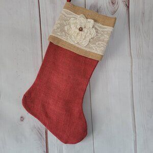 Burlap Rustic Style Christmas Stocking, Natural Tan/Red, Burlap Lace Flower